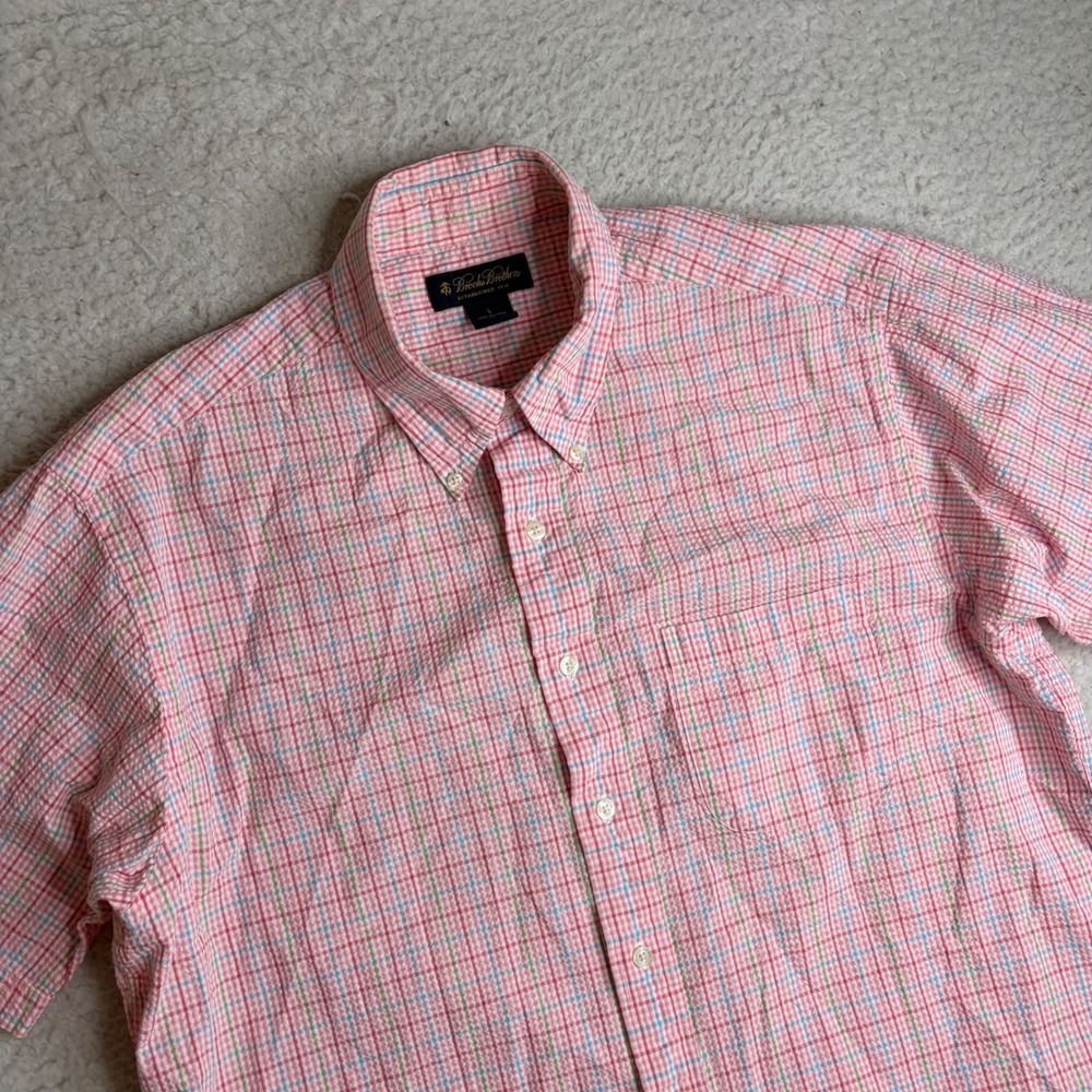 Brooks Brothers Searsucker Mens Large Pink Plaid Short Button Down Cotton Shirt